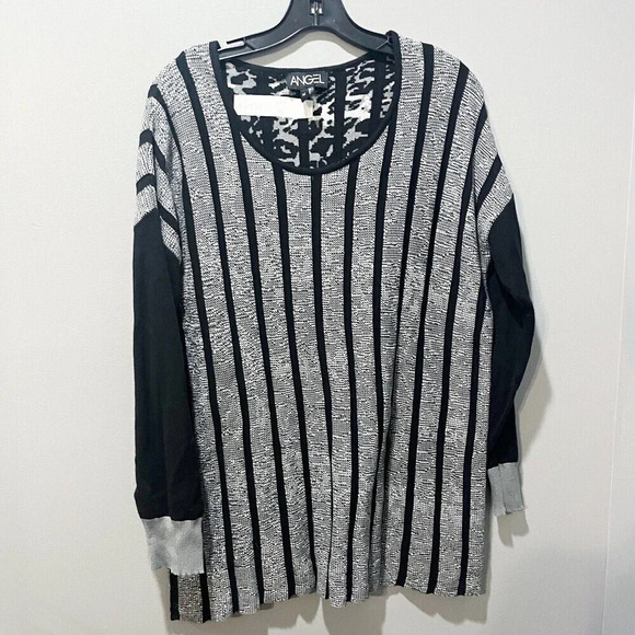 Angel Sweaters - Angel Women Black Gray Striped Sweater M Cotton Long Sleeve Tunic Warm Lagenlook